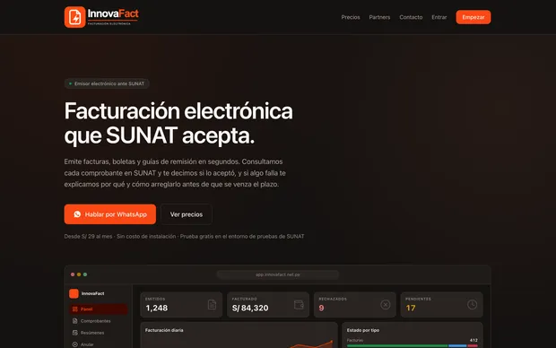 Panel de InnovaFact con comprobantes emitidos, facturado, rechazados y pendientes