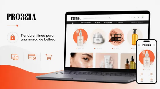 Ilustración de la tienda en línea de Probela en portátil y móvil, con el catálogo de productos de belleza